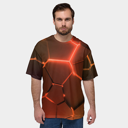 Мужская футболка оверсайз Оранжевые неоновые плиты в разломе / 3D-принт – фото 3