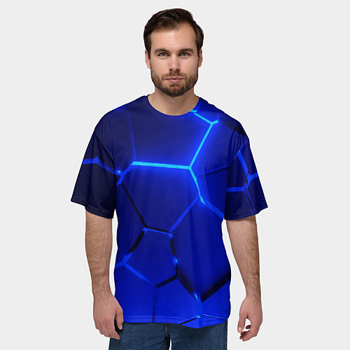 Мужская футболка оверсайз Текстура темных синих неоновые плиты / 3D-принт – фото 3