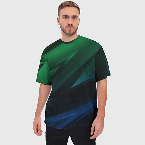 Мужская футболка оверсайз Зелено-синие абстрактные объемные полосы / 3D-принт – фото 3