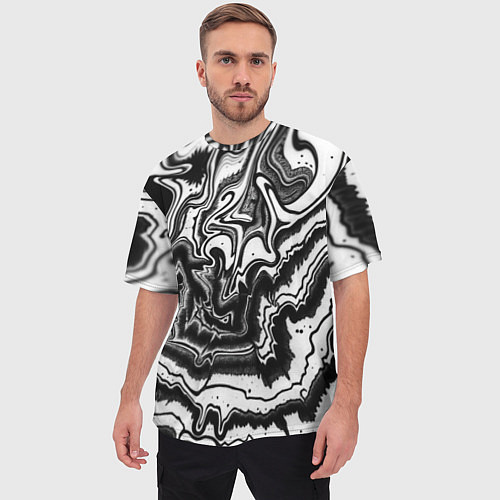 Мужская футболка оверсайз Черно-белая абстракция суминагаши / 3D-принт – фото 3
