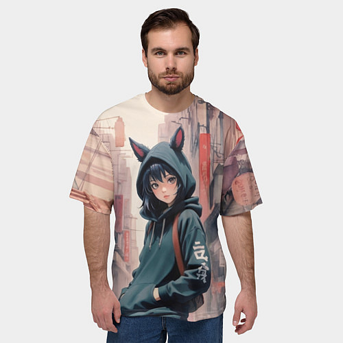 Мужская футболка оверсайз Девушка в худи с ушками / 3D-принт – фото 3