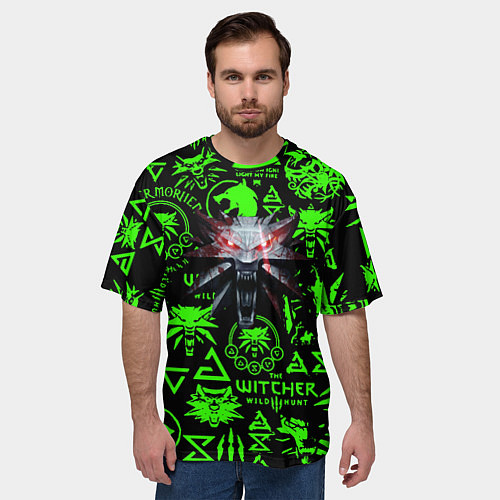 Мужская футболка оверсайз Ведьмак кислотные логотипы волк / 3D-принт – фото 3