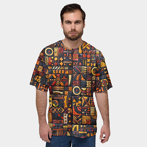 Мужская футболка оверсайз Африканский орнамент - резьба по дереву / 3D-принт – фото 3