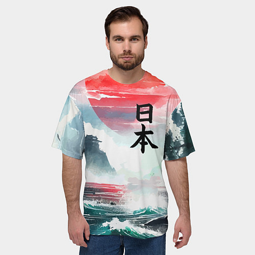 Мужская футболка оверсайз Япония - страна восходящего солнца - акварель / 3D-принт – фото 3