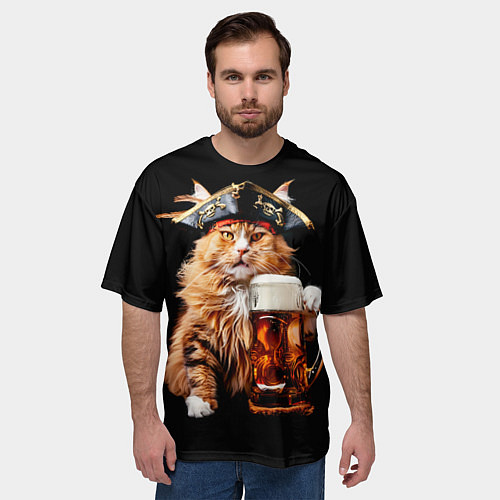 Мужская футболка оверсайз Кот пират с кружкой пива / 3D-принт – фото 3