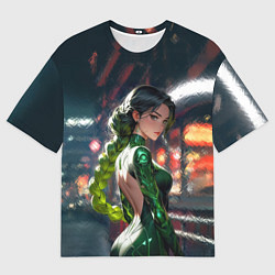 Футболка оверсайз мужская Девушка-андроид с зелёной косой, цвет: 3D-принт