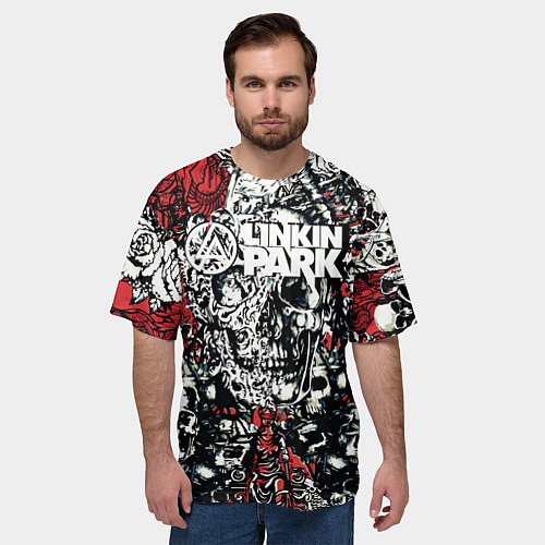 Мужская футболка оверсайз Linkin Park на фоне татуировки черепов и скелетов / 3D-принт – фото 3
