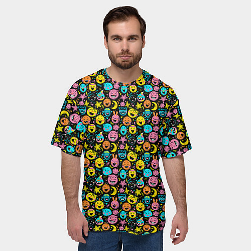 Мужская футболка оверсайз Разноцветные забавные монстрики-эмодзи паттерн / 3D-принт – фото 3