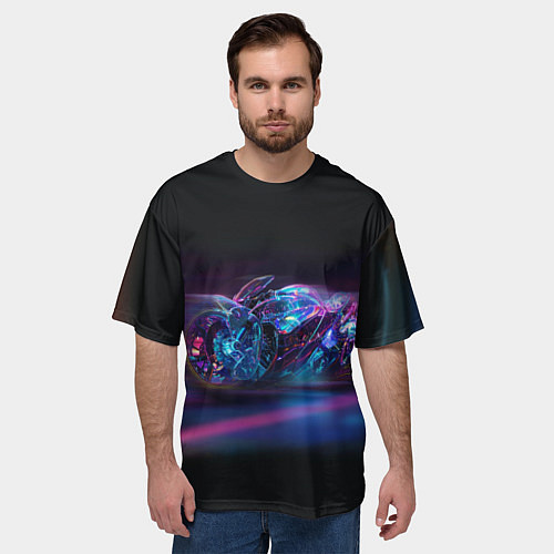 Мужская футболка оверсайз Неоновый мотоцикл абстракция / 3D-принт – фото 3