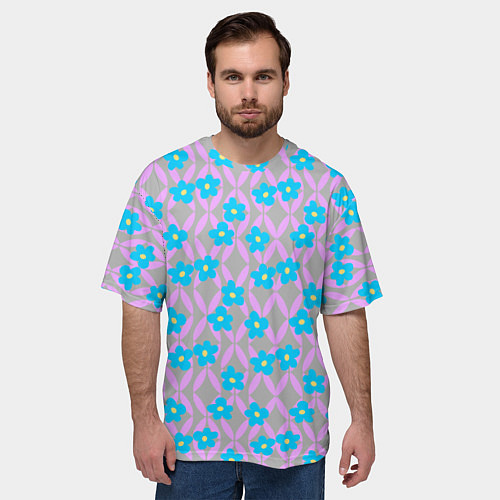 Мужская футболка оверсайз Голубые цветочки на розовом орнаменте / 3D-принт – фото 3