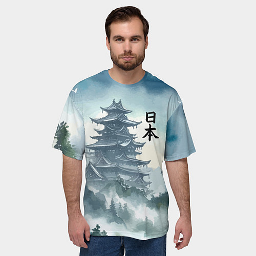 Мужская футболка оверсайз Японская пагода в тумане - нейросеть / 3D-принт – фото 3