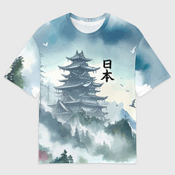 Футболка оверсайз мужская Японская пагода в тумане - нейросеть, цвет: 3D-принт