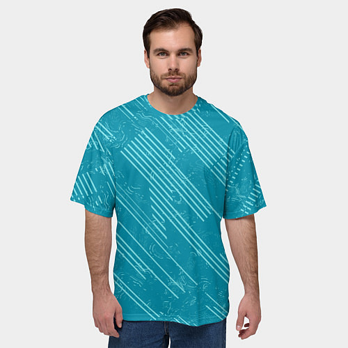 Мужская футболка оверсайз Абстракция светлые линии на зеленом фоне / 3D-принт – фото 3