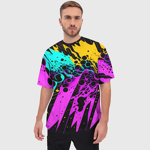Мужская футболка оверсайз Разноцветная неоновая абстракция - нейроарт / 3D-принт – фото 3