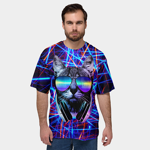 Мужская футболка оверсайз Cat DJ neon / 3D-принт – фото 3