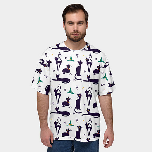 Мужская футболка оверсайз Узор из черных магических кошек / 3D-принт – фото 3