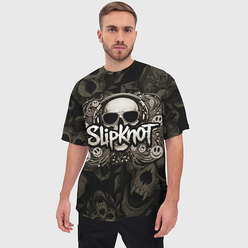 Мужская футболка оверсайз Slipknot на фоне черепа в очках и наушниках / 3D-принт – фото 3