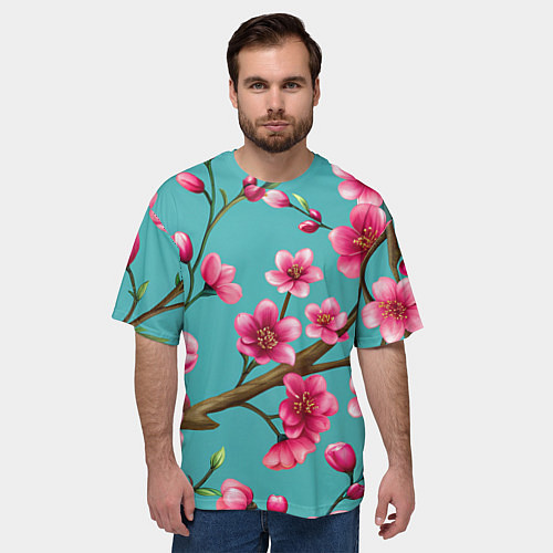 Мужская футболка оверсайз Ветка розовой сакуры / 3D-принт – фото 3