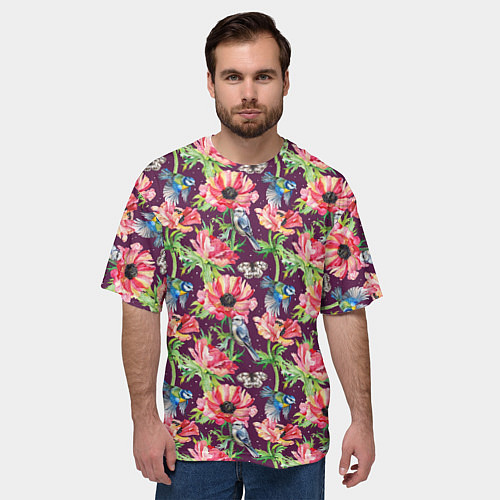 Мужская футболка оверсайз Птицы и цветы / 3D-принт – фото 3