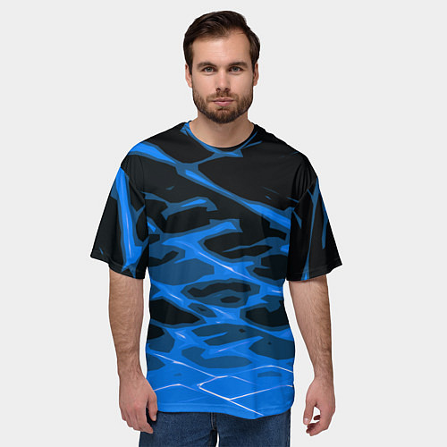 Мужская футболка оверсайз Синие абстрактные полосы на чёрном фоне / 3D-принт – фото 3