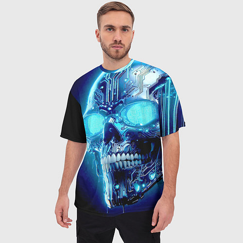 Мужская футболка оверсайз Neon cyber skull - ai art / 3D-принт – фото 3