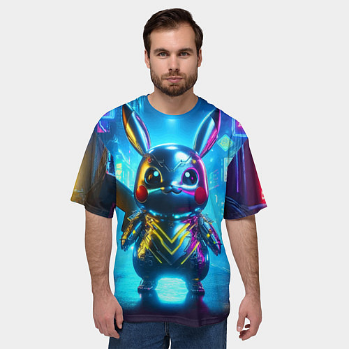 Мужская футболка оверсайз Neon cyber Pikachu made of metal steel - ai art / 3D-принт – фото 3