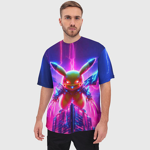 Мужская футболка оверсайз Neon horror - cyber Pikachu / 3D-принт – фото 3