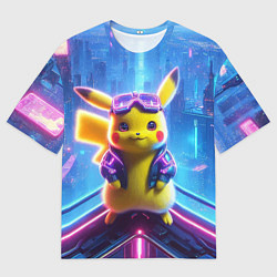 Футболка оверсайз мужская Прикольный Пикачу на крыше небоскрёба - нейроарт, цвет: 3D-принт