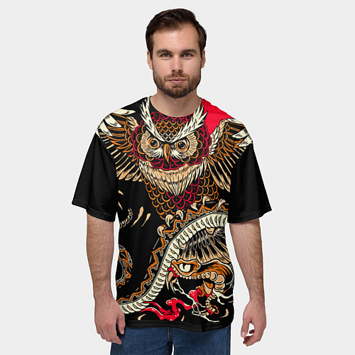 Мужская футболка оверсайз Сова и змея - японский стиль / 3D-принт – фото 3