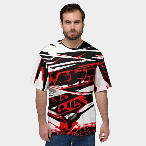 Мужская футболка оверсайз Красно-чёрная агрессивная абстракция на белом фоне / 3D-принт – фото 3