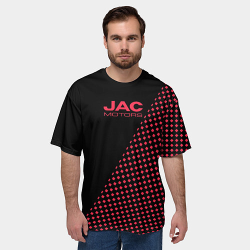 Мужская футболка оверсайз Jac motors чёрно-розовый шахматка / 3D-принт – фото 3