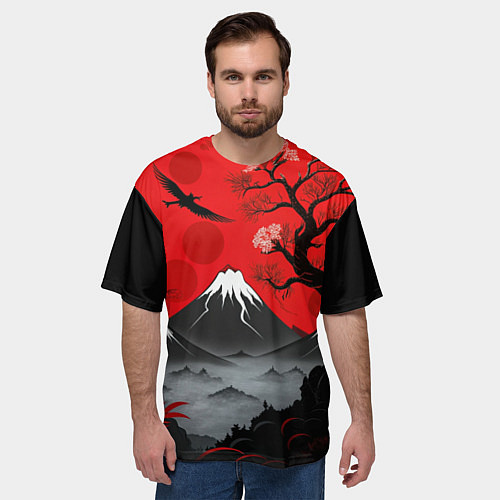 Мужская футболка оверсайз Япония сакура и горы / 3D-принт – фото 3