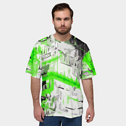 Футболка оверсайз мужская Бело-зелёная абстракция на чёрном фоне, цвет: 3D-принт — фото 2