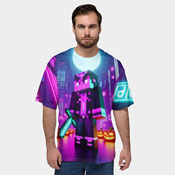 Футболка оверсайз мужская Чувак с мечом в неоновом городе - Майнкрафт, цвет: 3D-принт — фото 2