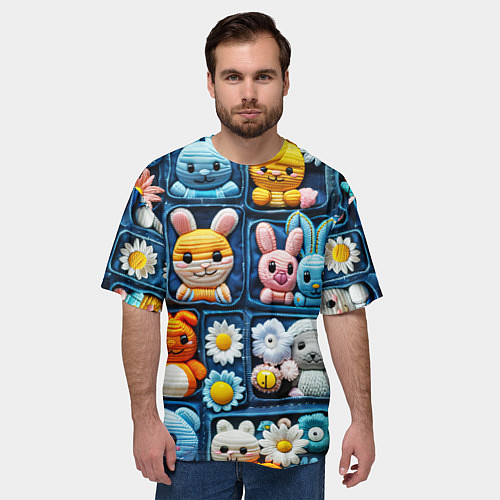 Мужская футболка оверсайз Пэчворк с зайцами / 3D-принт – фото 3