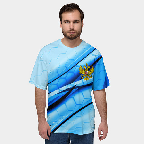 Мужская футболка оверсайз Герб РФ соты текстура / 3D-принт – фото 3