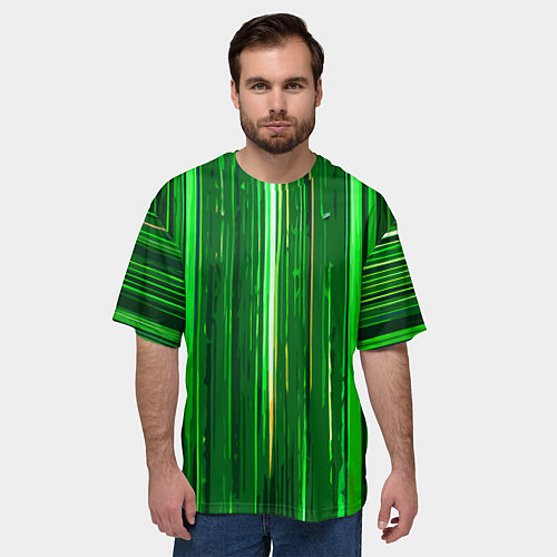 Мужская футболка оверсайз Вертикальные зелёные линии на чёрном фоне / 3D-принт – фото 3