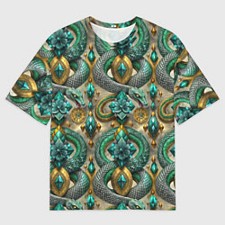 Мужская футболка оверсайз Паттерн зеленые темные змеи