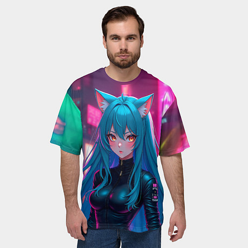 Мужская футболка оверсайз Девушка-кошка в стиле киберпанк / 3D-принт – фото 3