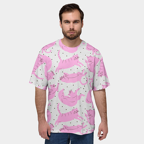 Мужская футболка оверсайз Пухлые спящие розовые котики на фоне в горошек / 3D-принт – фото 3
