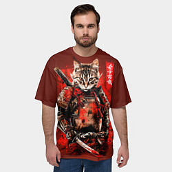 Футболка оверсайз мужская Кот самурай после боя, цвет: 3D-принт — фото 2