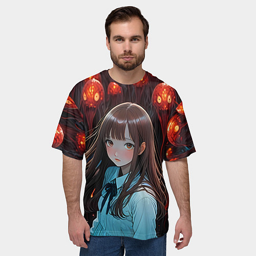 Мужская футболка оверсайз Аниме девушка окружённая красными монстрами / 3D-принт – фото 3