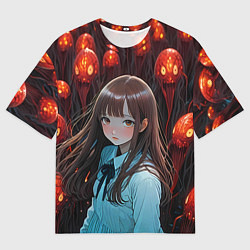 Футболка оверсайз мужская Аниме девушка окружённая красными монстрами, цвет: 3D-принт