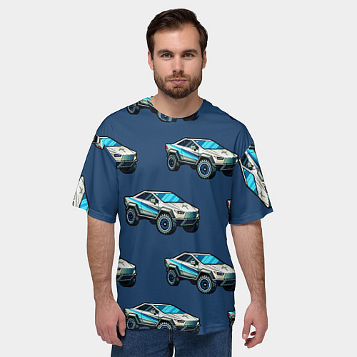 Мужская футболка оверсайз Тесла киберпанк паттерн с машинками / 3D-принт – фото 3