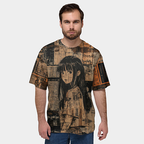Мужская футболка оверсайз Девчонка на фоне газетных вырезок / 3D-принт – фото 3