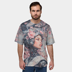 Футболка оверсайз мужская Девушка андроид в розовых цветах, цвет: 3D-принт — фото 2