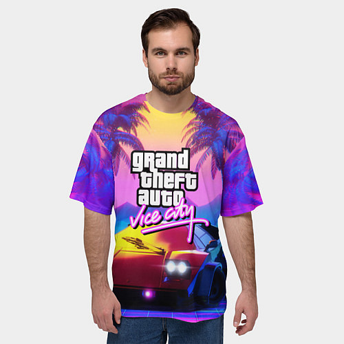 Мужская футболка оверсайз Vice city retro wave Lambo / 3D-принт – фото 3