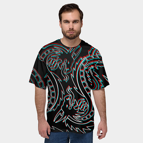 Мужская футболка оверсайз Драконы глитч киберпанк / 3D-принт – фото 3