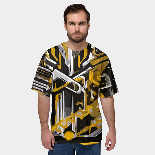 Мужская футболка оверсайз Жёлто-белая агрессивная абстракция на чёрном фоне / 3D-принт – фото 3