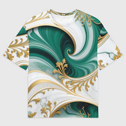 Мужская футболка оверсайз Зеленые волны и золотые веточки